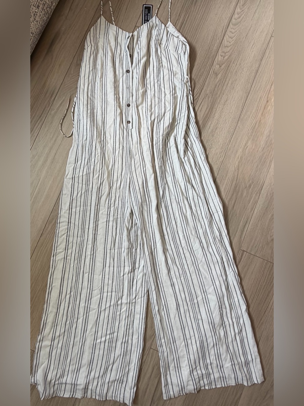 NWT All in Favor Sands of Time Jumpsuit Natural Color Blk Stripe Large Wide Leg